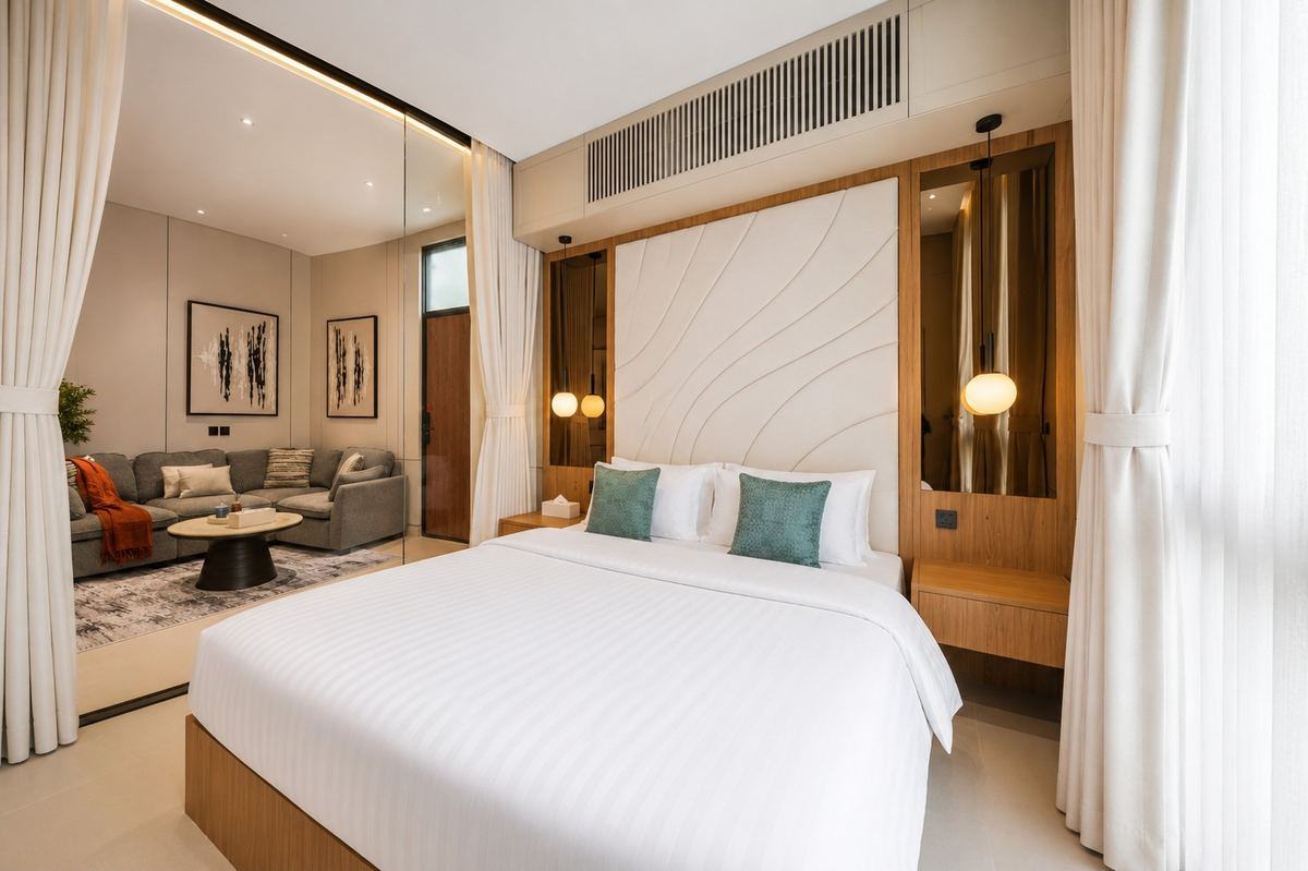 King bedroom in Luxe Alcove with open curtains, warm wood finishes, and view toward the living room.